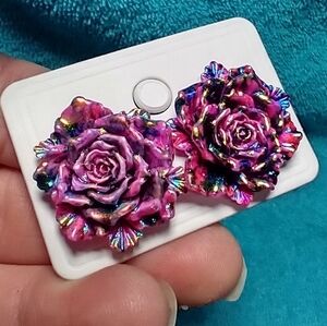 Cute purple colorful iridescent rose flower floral post pierced earrings
